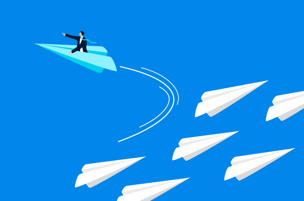 Illustration of a person in a suit flying a turquoise paper airplane, diverging from a path of white airplanes against a blue background.